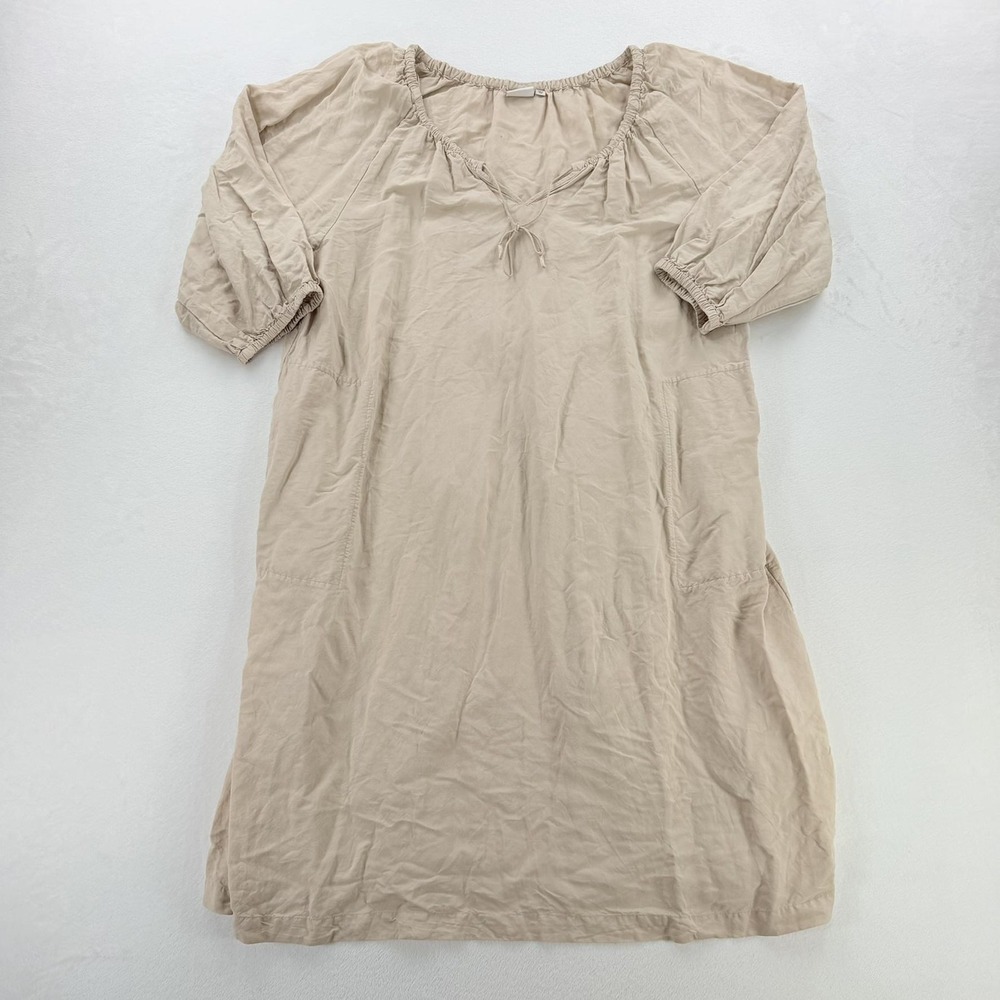 JW Anderson X Uniqlo Dress Womens Large Beige Linen V Neck Shift Puff Sleeve